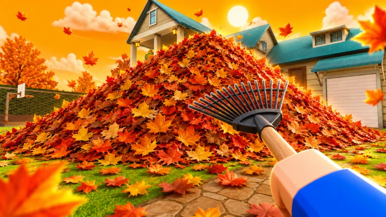 A rake facing a giant leaf pile burying the friends' house