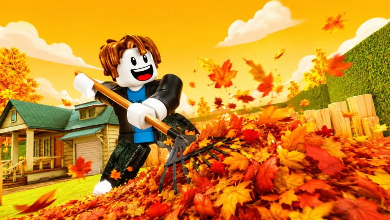 A player raking a huge leaf pile in front of the porch and garage