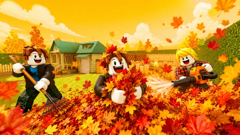 Three players raking, hugging and blowing leaves in one yard together