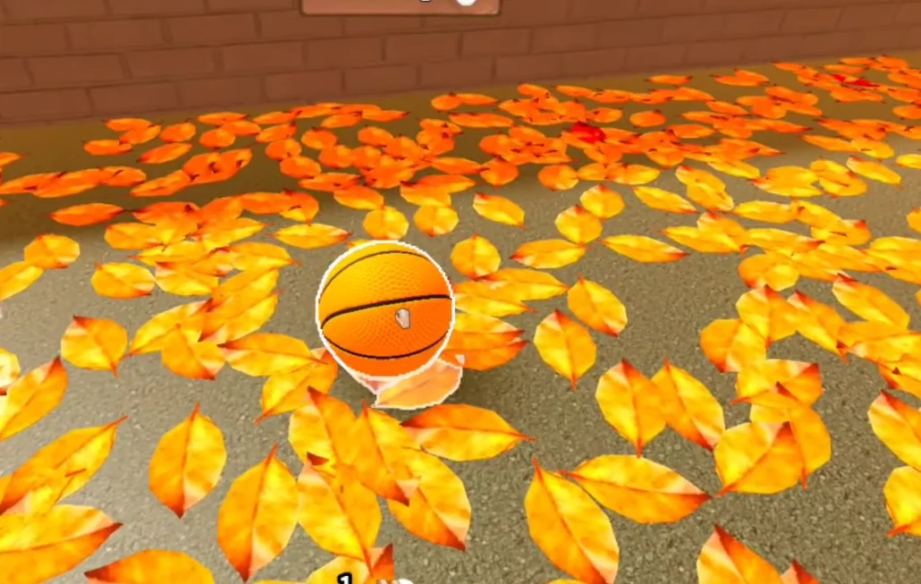 A basketball lying in a leaf-strewn corner of a brick-walled yard area