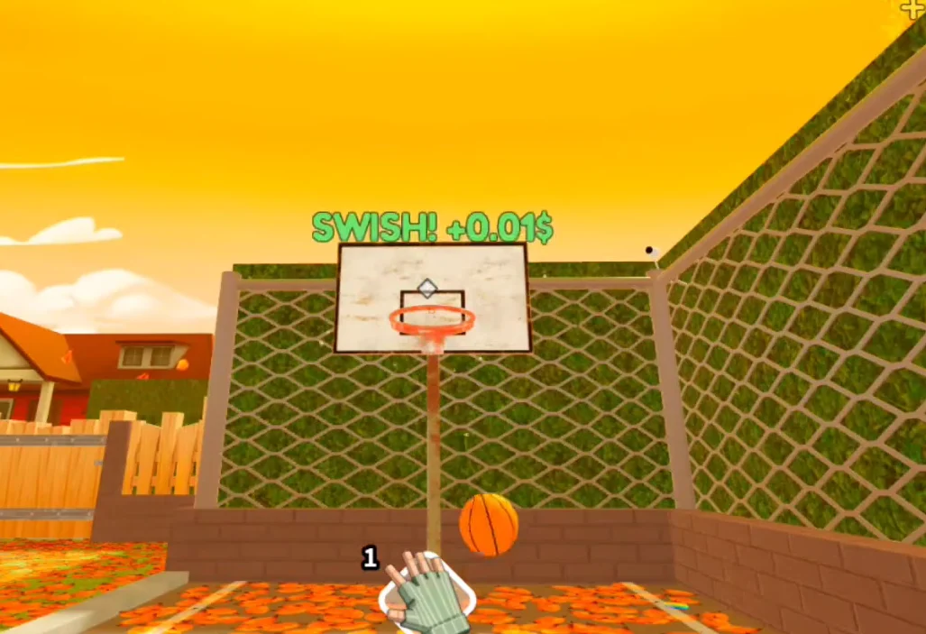 A basketball sinking through the hoop with a SWISH cash payout popup